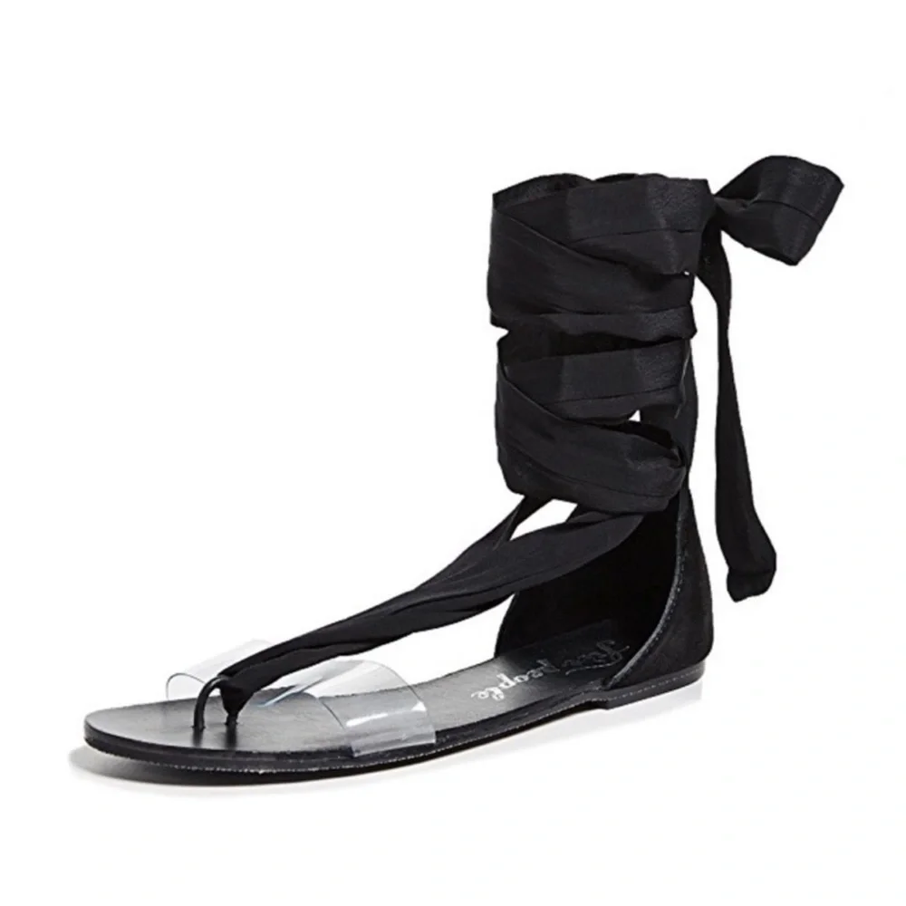 Free people Barcelona Black Ankle Wrap Gladiator Sandals